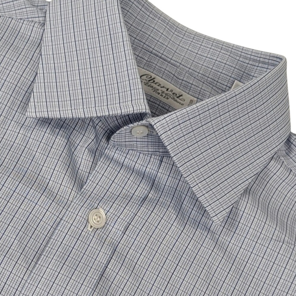 Charvet Paris Mens Blue Micro Check Cotton Dress Shirt French Cuff 40.5/16